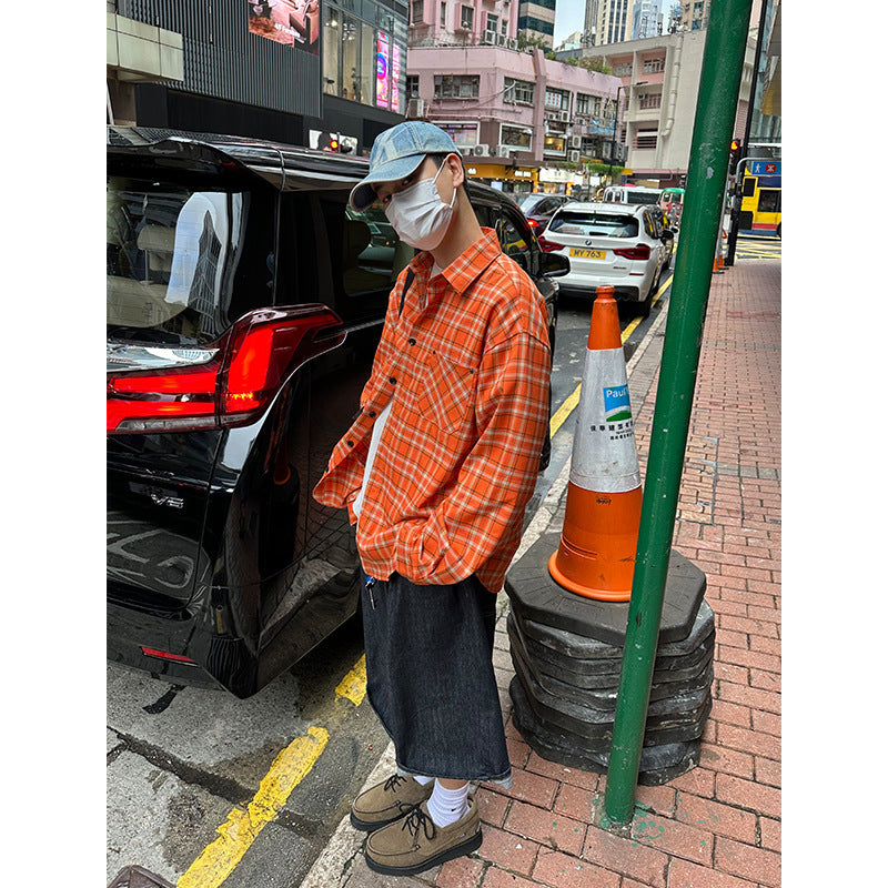 saferido 90s streetwear American Retro Plaid Long-Sleeved Shirt Men's Casual Loose Spring and Autumn New Couple Versatile Loose Shirt