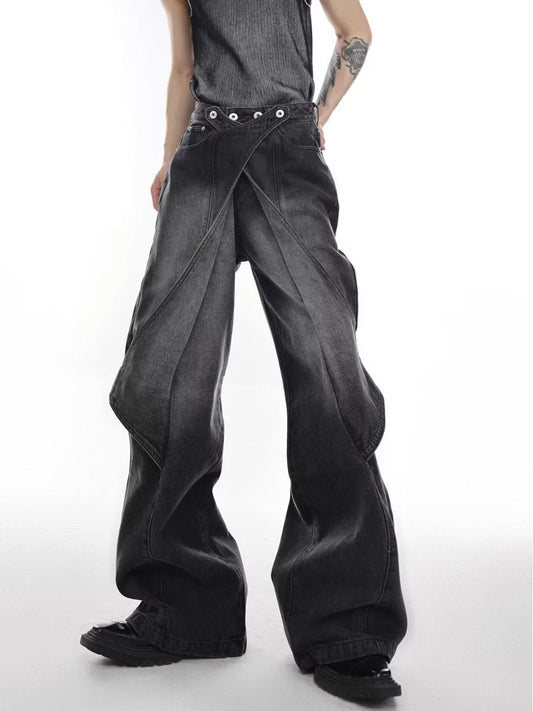 Design niche old washed jeans spring and autumn new high waist loose variable bell-bottom wide leg pants