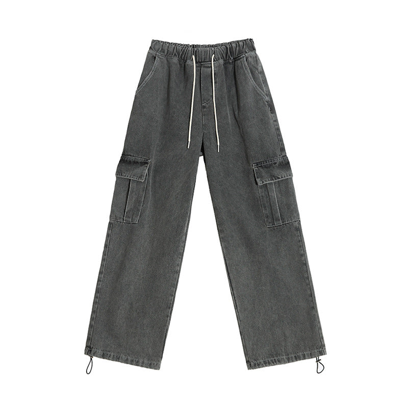 saferido guys fits Vintage Washed Distressed Jeans Men's Summer Loose Overalls Korean Style Trendy Wide Leg Straight Pants