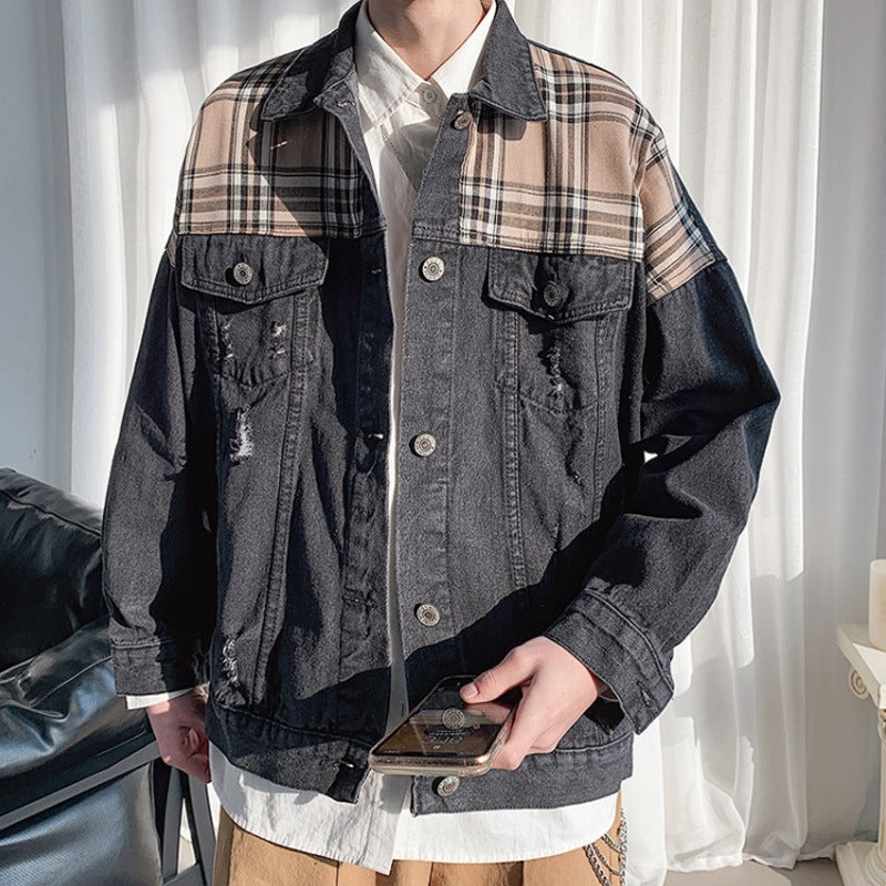 saferido mens outfits Denim Jacket Men's Ins Spring and Autumn Hong Kong Style Korean Style Plaid Stitching Loose Casual Jacket Student Top