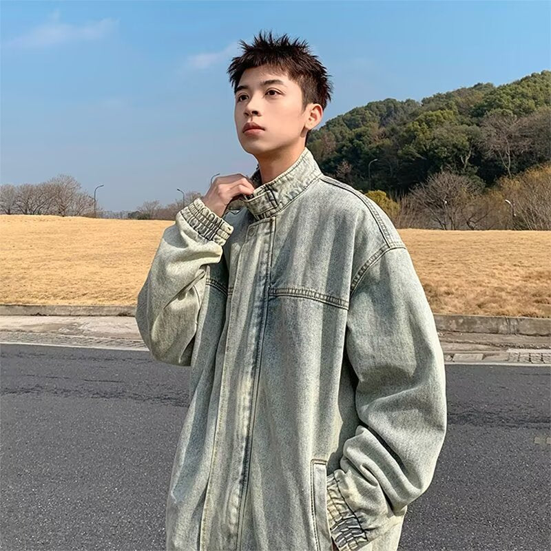 saferido guys clothing styles Stand Collar Washed Denim Coat Men's American Style Ruffle Handsome Niche Loose Jacket Hong Kong Style Ins All-Matching Top