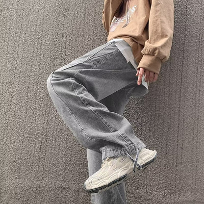 saferido 90s streetwear Straight Jeans Men's Spring and Autumn Japanese Men's Washed Blue Loose Wide-Leg Casual Ankle-Tied Pants Men's