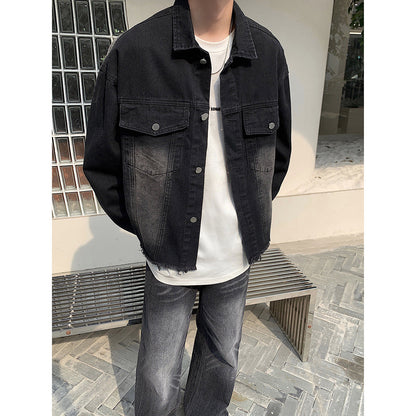 saferido mens fashion American-Style Retro Fashionable Washed Distressed Denim Coat Men's Harajuku Frayed Hem Jacket