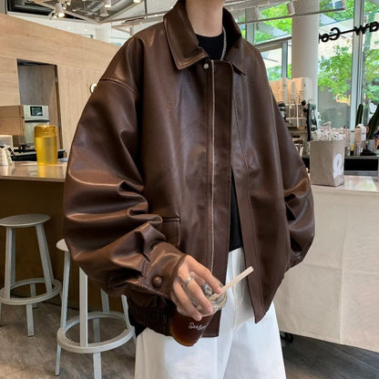 saferido fall outfits men Brown Leather Coat for Men and Women 2024 New Spring and Autumn Motorcycle Clothing Short Brown Retro Maillard Jacket