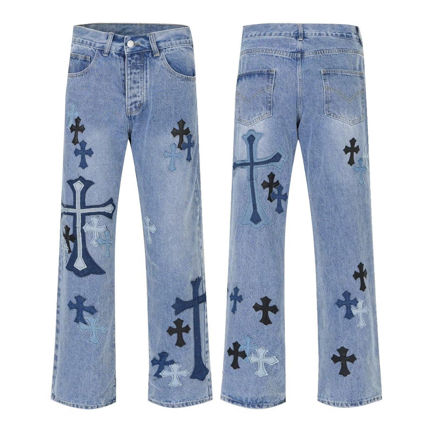 saferido 90s streetwear American High Street Original Patch Cross Embroidered Jeans Men's and Women's National Fashion All-Match Slim Slimming Long Pants Fashion