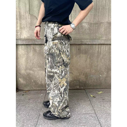 saferido frat boy outfit American Branch Pattern Vintage Washed Old White Camouflage Wide Leg Casual Pants Four Seasons Loose Overalls