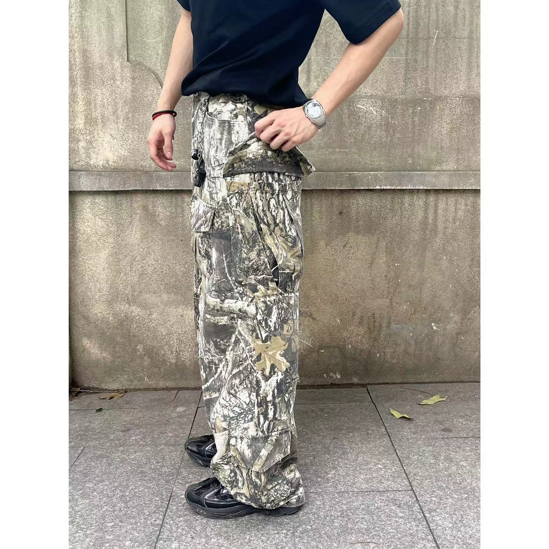 saferido frat boy outfit American Branch Pattern Vintage Washed Old White Camouflage Wide Leg Casual Pants Four Seasons Loose Overalls