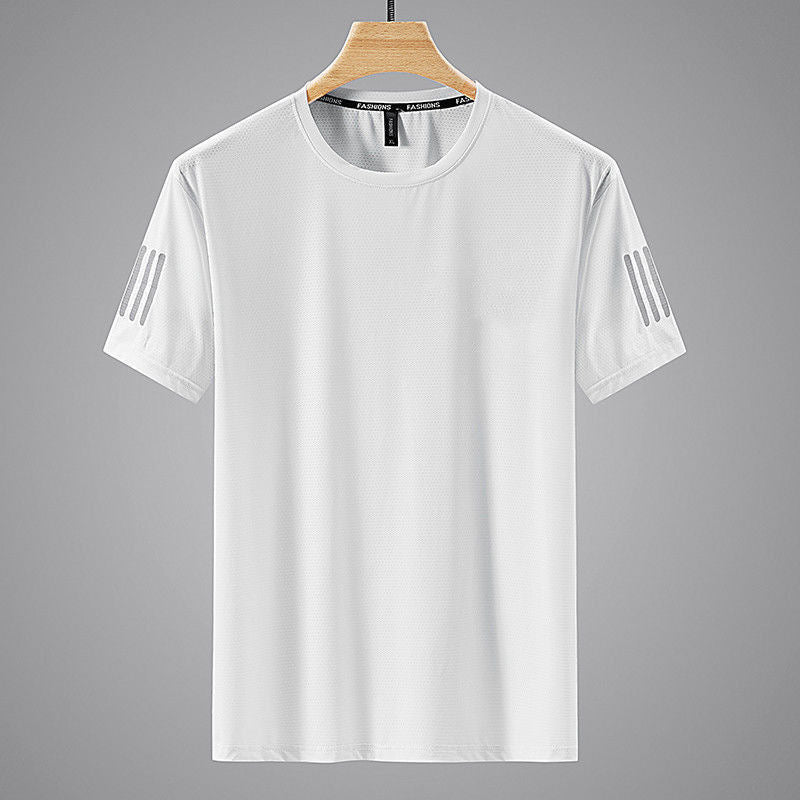 Summer ice silk t-shirt men's round neck quick-drying clothes short sleeves thin breathable half sleeves large size tops men's sports loose trend