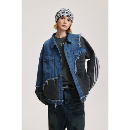 saferido 90s fashion men Fashionable Irregular Stitching Design Sense Workwear Denim Jacket Men's Spring and Autumn Loose Trendy Casual All-Matching Jacket