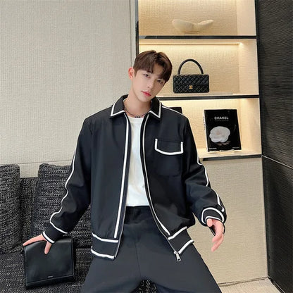 saferido Korean Street clothing fashion Spring Casual Contrast Colors Striped Male Casual Jacket Men's Niche Desgin Black Coats