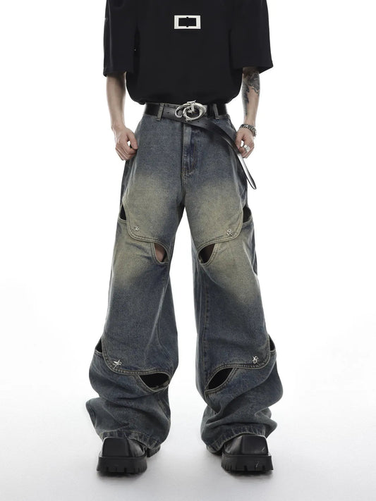 Wide Leg Jeans Pants Men Streetwear Baggy Distressed Denim Trousers Male Oversize Hollow Out Casual Korean Hip Hop