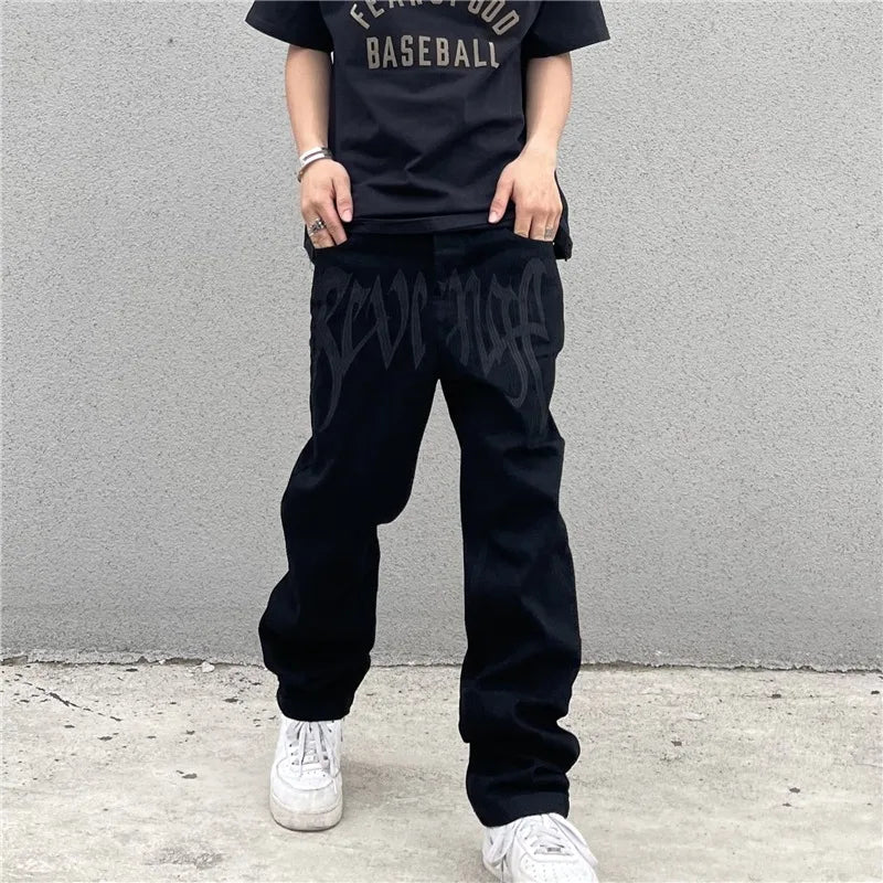 saferido Dark Black American Embroidery Fashion Brand Pants High Street Design Sense Embroidery Letter Loose Straight Leg Jeans for Men