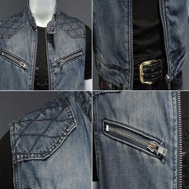 Mens Denim Vests Vintage Fashion Design Retor Sleeveless Jackets Men Streetwear Ripped Hole Punk Jean Waistcoats Clothing