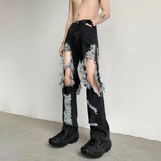 saferido Y2K Unisex Perforated Jeans Mens Summer Korean 2024 Slim Design Straight Wide Leg Denim Pants LGBT Man Sexy Ripped Fringed Jeans