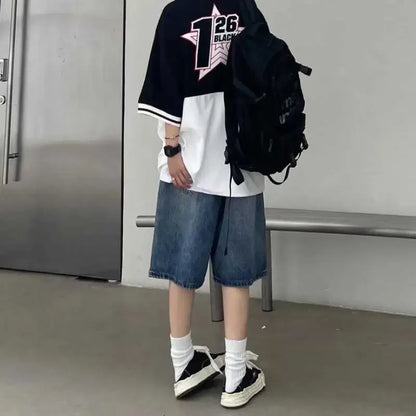 saferido High Street Retro Blue Jeans Shorts Summer New Baggy Wide Leg Denim Half Pants Fashion Streetwear Y2k Clothing Oversize Man