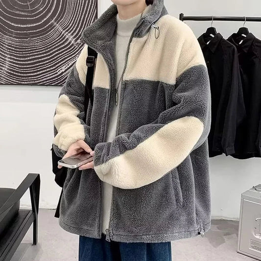 Fashion Contrast Lambs Men Winter Jacket Thicken Soft Stand Collar Pocket Coats Warm Long Sleeves Zipper Cotton Jackets New