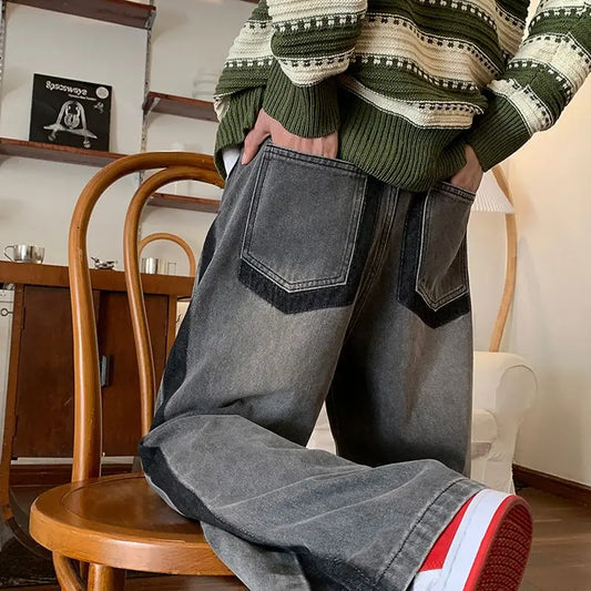 saferido Man Cowboy Pants Straight Vintage Men's Jeans Patchwork Trousers Wide Leg with Pockets Original Casual Japanese Street Style Y2k