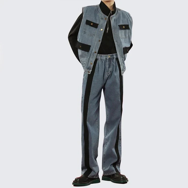 saferido Men's Sets Cargo Denim 2 Piece Outfits Male Patchwear Jeans Pants + Vests Sleeveless Casual Korean Streetwear Hip Hop