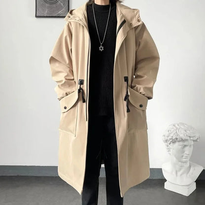 Spring Autumn Army Green Windbreaker Fashion Men Mid-length Casual Hooded Coat Men Daily High Street Overcoat Male Clothes