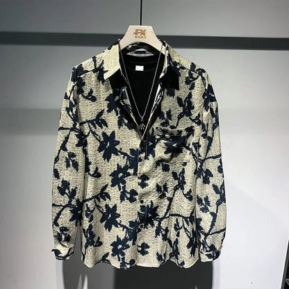 New Spring and Summer Fashion Fried Street Rascal Handsome Loose Relaxed Port Fashion Brand Men's Long Sleeve Flower Shirt