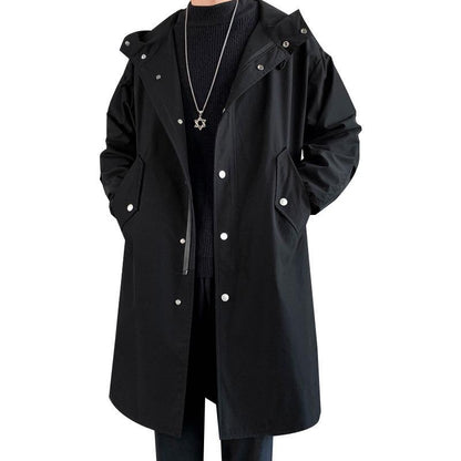 Men's Windbreaker Jacket Long Trench Oversize Loose Streetwear Hooded Vintage Black Coats High Street Casual Male Outerwear