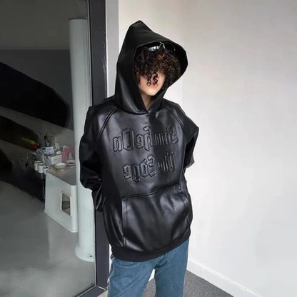 saferido American Casual Oversize Hoodie Mens Spring Autumn Trendy Motorcycle Leather Jacket Loose Comfort Simple Solid Hooded Sweatshirt