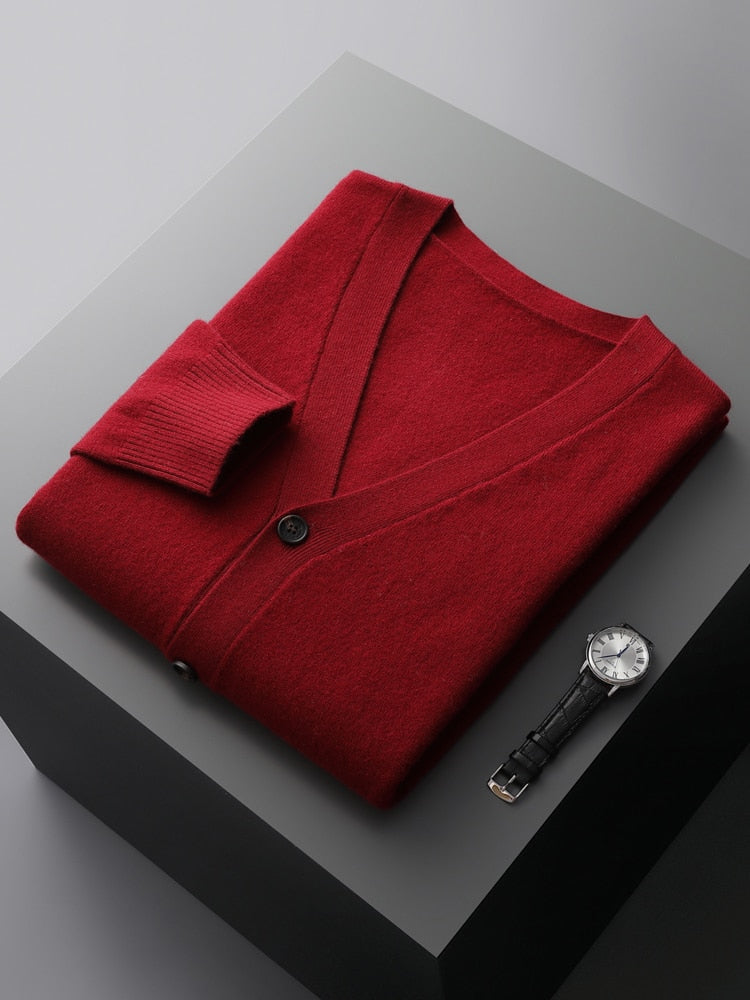 100% Pure Merino Wool Sweater Jacket Men's V-Neck Cardigan Autumn Winter New Solid Color Top Casual Basic All-Match