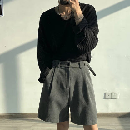 Summer Grey/Black Suit Shorts Men Fashion Society Mens Dress Shorts Korean Style Loose Straight Shorts Mens Casual Shorts M-XL