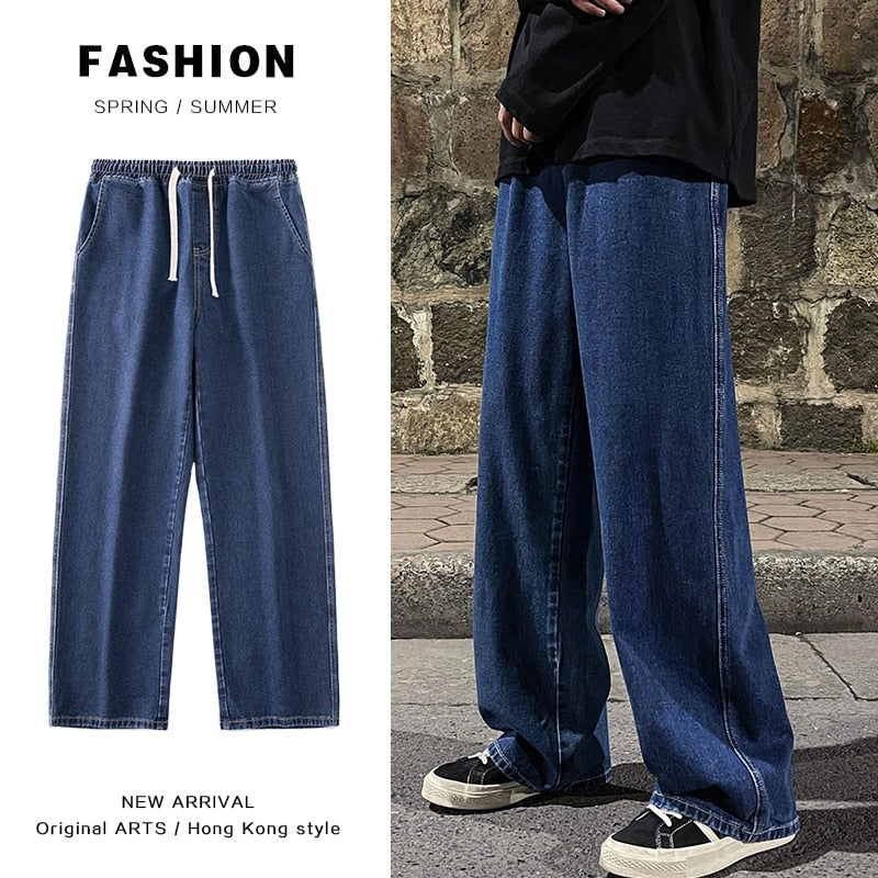 Korean Fashion Loose Jeans Classic Straight Straight Baggy Wide Leg Trousers Street Hip Hop Pants 3XL Black Grey Blue