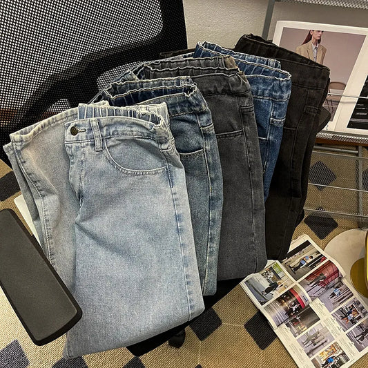 Spring New Men Baggy Jeans Korean Fashion Elastic Waist Classic Style Denim Ankle-Length Pants Neutral Wind Oversize Pants