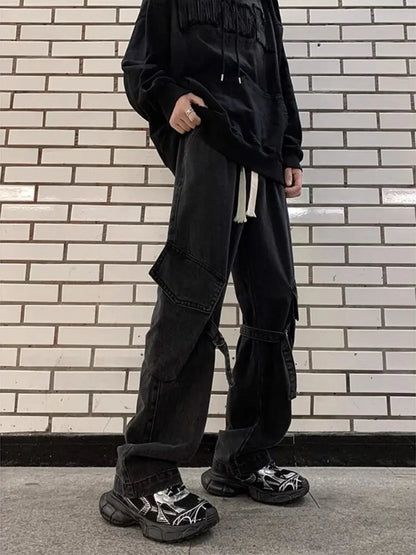 saferido  And Winter New Japanese Overalls Jeans Men And Women American Retro High Street Micro-la Washed Wide-leg Straight Pants