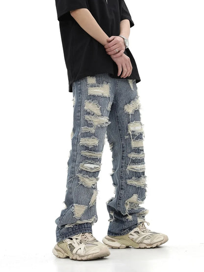 saferido  American style high street washed personalized torn hole cut straight tube loose fitting jeans, versatile for men