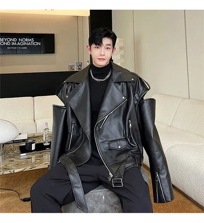 saferido Autumn Winter Wide Shoulder Zipper Leather Jacket Luxury Men Streetwear Loose Vintage Punk Motorcycle Jacket Korean Fashion Coat