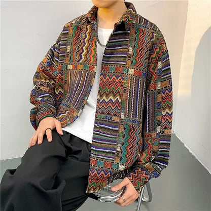 Retro Print Jackets Men Harajuku Cozy Autumn Long Sleeved Outwear Holiday Popular Korean Style Unisex Loose Males Clothes Street