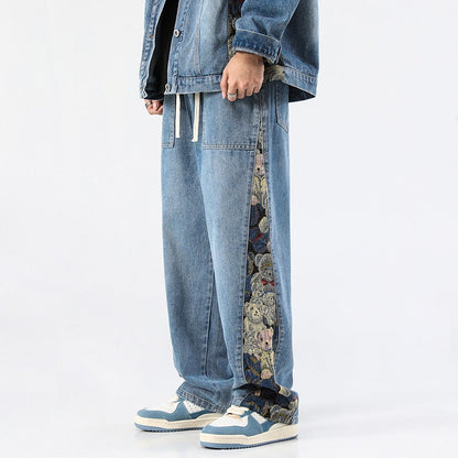 New Men's Jeans Baggy Bear Printed Wide Leg Pants Men's Hip Hop Street Loose Denim Pants Elastic Waist Lace Up Casual Pants