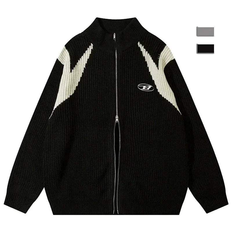 Double Zipper Cardigan Sweater Men Women Retro Loose Knitted Jumpers Autumn Streetwear Harajuku Street Color Block Jacket New