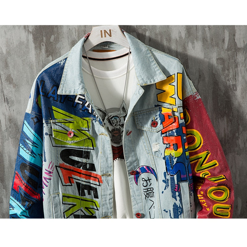 Hip Hop Fashion Printed Jeans Jacket Men Cotton Casual Streetwear Short Style Denim Jacket Coat for Men Spring Jackets