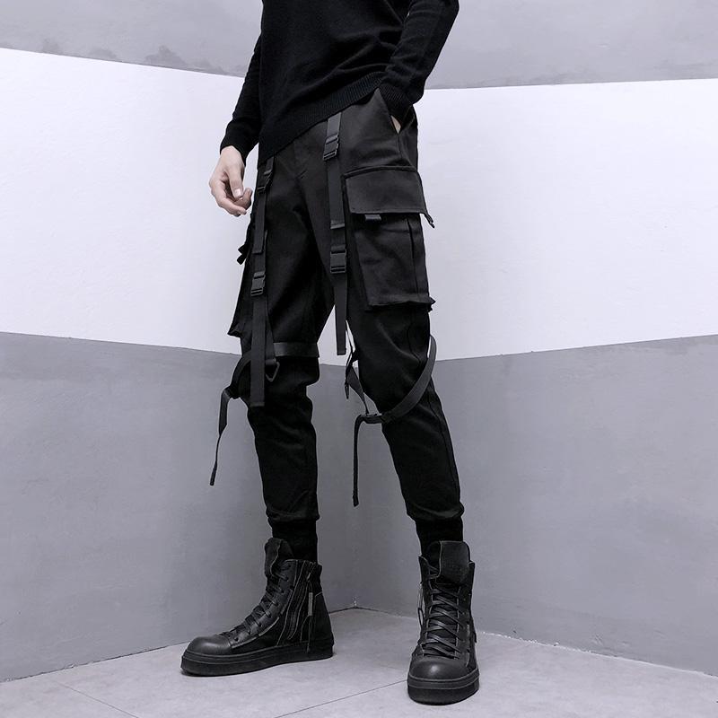 Techwear Black Cargo Pants for Men Cargo Trousers Male Japanese Streetwear Hip Hop Spring Ribbon Pocket Harajuku Fashion