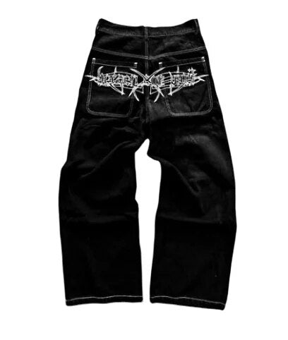 Retro Street Cross Skull Embroidery Baggy Jeans Y2k Men Women Loose Casual Straight Wide Leg Denim Pants High Waisted Pants