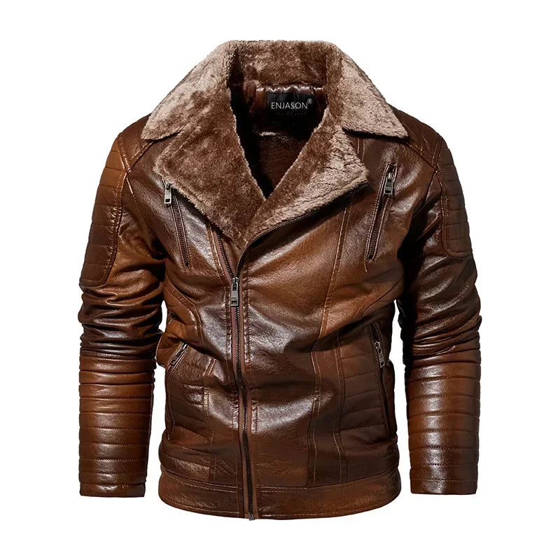 Fashion Warm Winter Men's Leather Jacket with Fur Collar Thicken Fleece Motorcycle Coat Casual Faux Leather Locomotive Jacket