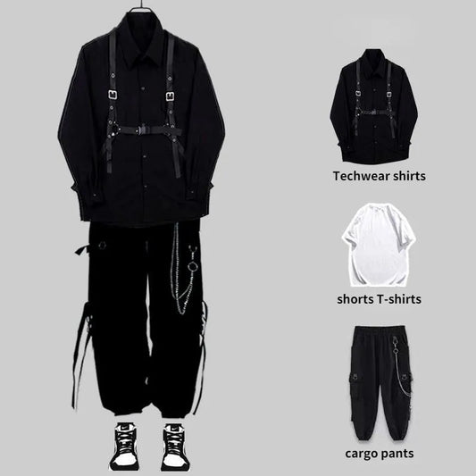 saferido Techwear Pant Sets Men Punk 3 Piece Outfits Black Cargo Pants Long Sleeve Shirts Korean Streetwear Hip Hop Spring