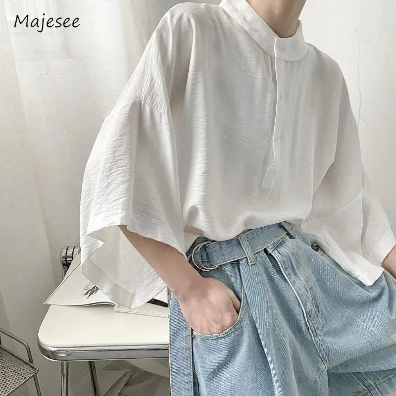 Solid T-shirts Men O-neck Three Quarter Baggy Cozy Temperament Slouchy Japanese Style Trendy Normcore Prevalent Youthful Retro