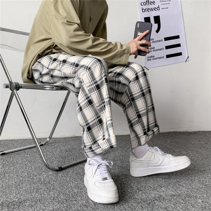 Plaid Pants Men Linens Korean Checked Trousers Male Streetwear Fashion Bottoms Summer Wide Leg Pants Harajuku Breathable