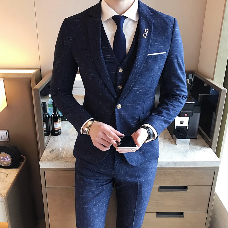 Men's Suit Jacket Vest Pants Fashion Boutique Plaid Casual Business Male Groom Wedding Tuxedo Dress 3 Pieces Set Blazers Coat