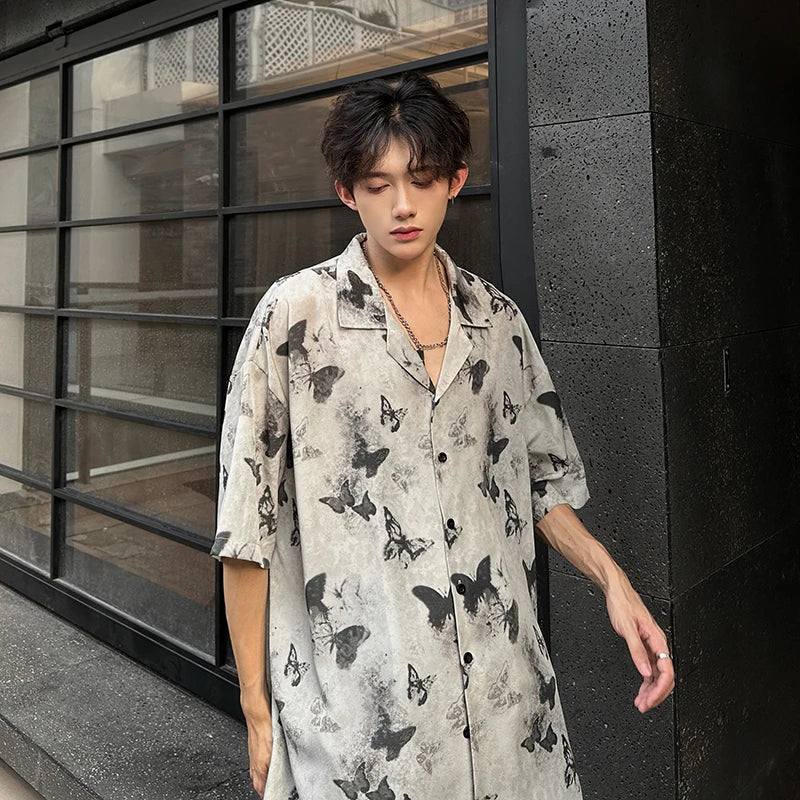 saferido Summer Butterfly Printed Tie-dye Shirt Men Windsor Collar Loose Casual Short Sleeve Shirts Oversize Streetwear Boy Girl Blouses