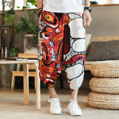 Summer Harajuku Calf Length Casual Men's Pants Wide Leg Cotton Linen Printing Harem Baggy Pants Fashion Men's Clothing