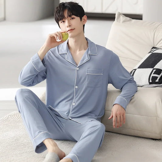 saferido Autumn Pajamas Sets Men Long Sleeve Modal Cotton Thin Teenage Boys' Large Size Spring Outwear Home Cloth Suit Sleepwear Male