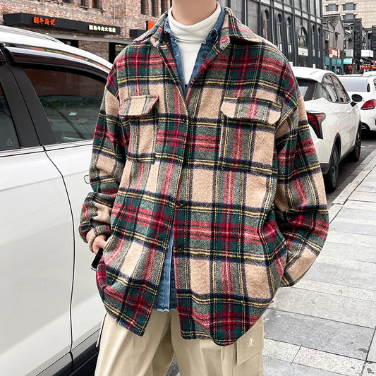 saferido Thick Plaid Woolen Coat Men Warm Oversized Retro Thickened Woolen Jacket Mens Streetwear Korean Loose Short Woolen Coat Men