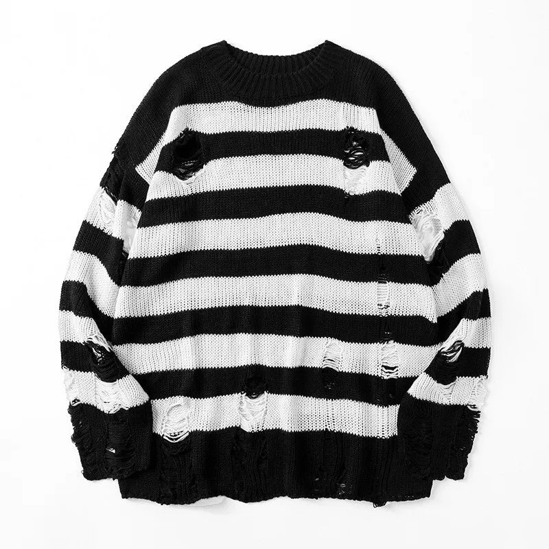 Striped Sweaters Punk Unisex Sweater Autumn Hollow Out Hole Broken Jumper Loose Oversized Pullouvers Harajuku Streetwear