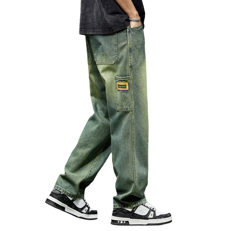 Wide Leg Jeans Men Baggy Pants Summer Straight Cut Loose Retro Blue Denim Pants Streetwear Fashion Pockets Vintage Man Clothes